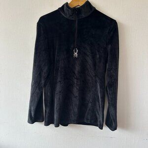 Spyder Black Velvet Pullover Womens Large Rhinestones 1/4 Zip Mock Neck Cozy